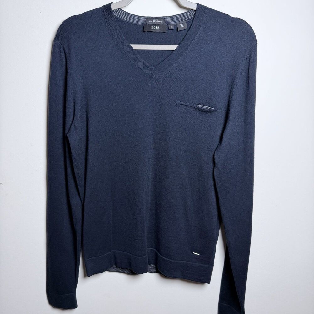 Hugo Boss Eriberto Slim Fit Cotton Cashmere V-Neck Sweater Small S Blue Pocket